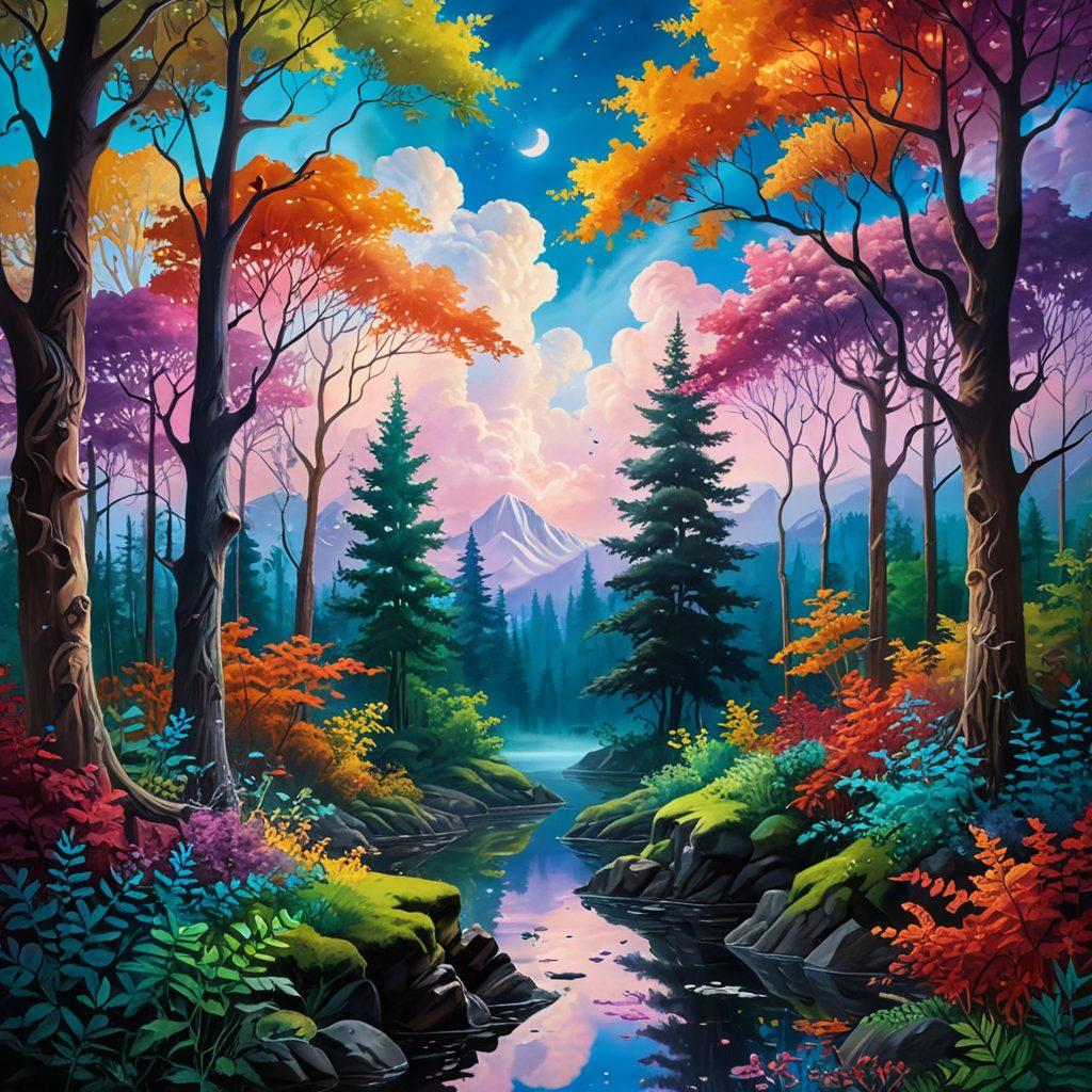 A surreal landscape representing the duality of kinks and dreams, featuring a whimsical, colorful forest filled with clouds shaped like various fantasies and hidden symbols of taboo desires. Ethereal figures emerge gracefully from the foliage, embodying freedom and exploration of sexuality. Soft, dreamlike lighting enhances the atmosphere, inviting curiosity and intrigue. The scene includes vibrant colors, playful elements, and a touch of mystique. painting. vibrant colors. dreamy backdrop.