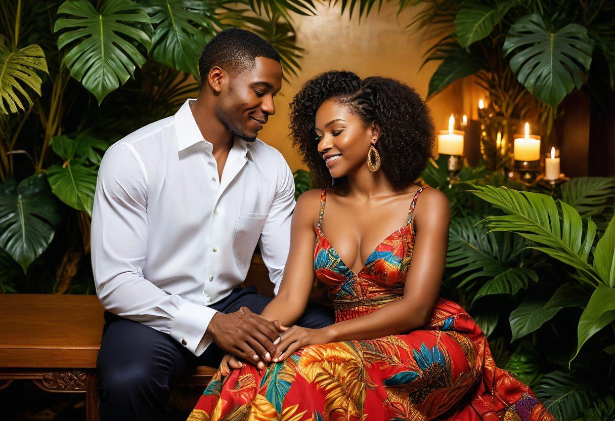 A captivating and intimate scene showcasing diverse African American couples exploring sensuality in a vibrant setting, surrounded by lush, exotic plants and warm candlelight. Incorporate symbols of cultural richness and fantasy, such as intricate patterns and fabrics, while maintaining a respectful and empowering tone. Focus on expressions of joy and connection, inviting viewers into a world of erotic imagination. super-realistic. vibrant colors. warm ambiance.